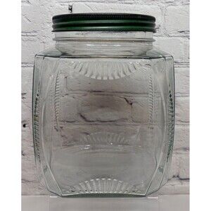 Vintage Kitchen Hoosier Cabinet Ribbed Glass Canister Jar with Green Lid - 8.5”